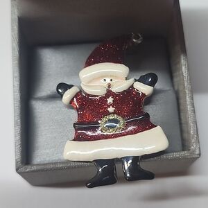 TC Tonya Creations Santa Claus Enamel Brooch Christmas Holiday Glitter Red 2"